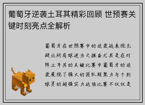 葡萄牙逆袭土耳其精彩回顾 世预赛关键时刻亮点全解析