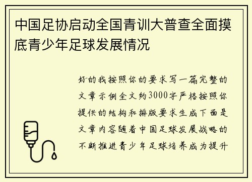 中国足协启动全国青训大普查全面摸底青少年足球发展情况